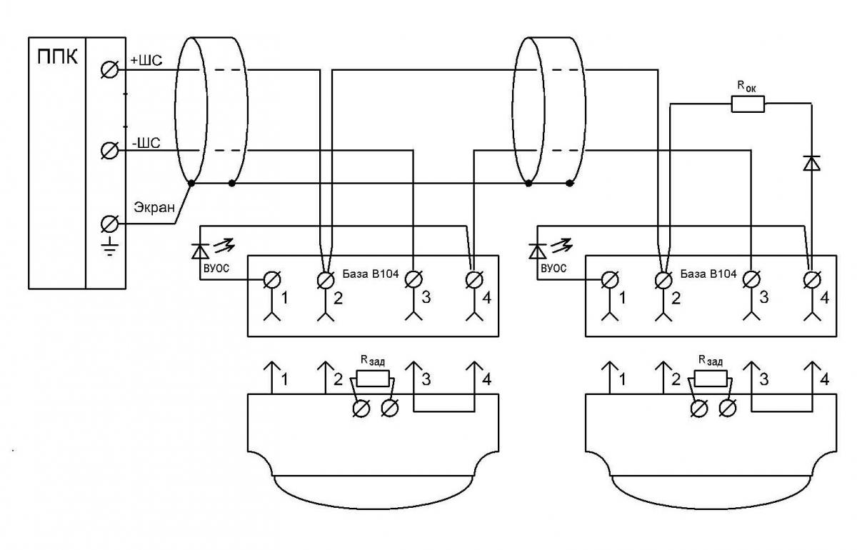 Схема подключения извещателей. Подключение к ППКП со знакопеременным питанием ШПС