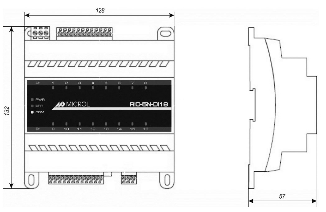 Схема габаритных размеров модуля RIO-5N-DI16