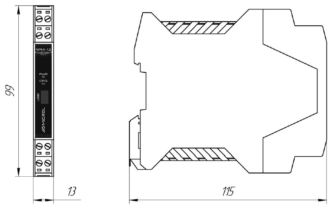 Схема габаритных размеров преобразователя НПМ-12
